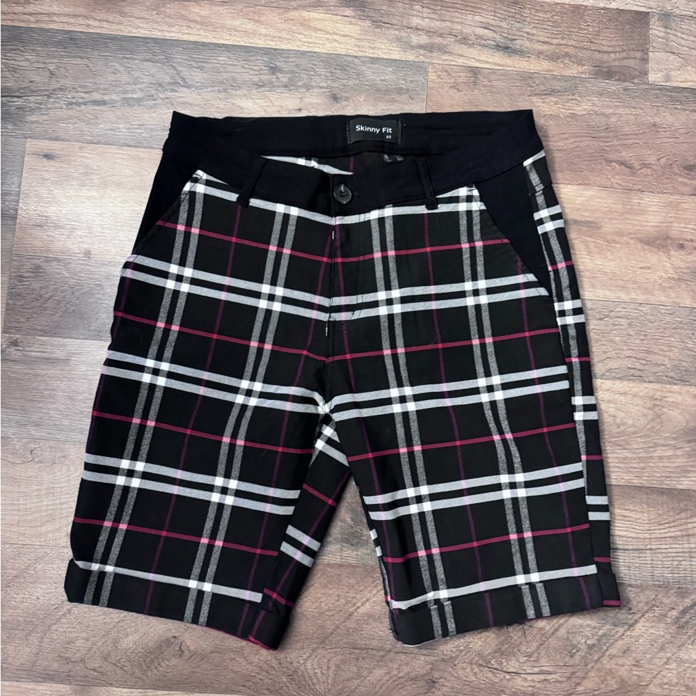 Black Plaid Skinny Fit Men’s Shorts